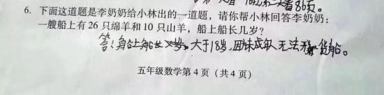 小学神题:船上26只绵羊10只山羊 船长几岁?